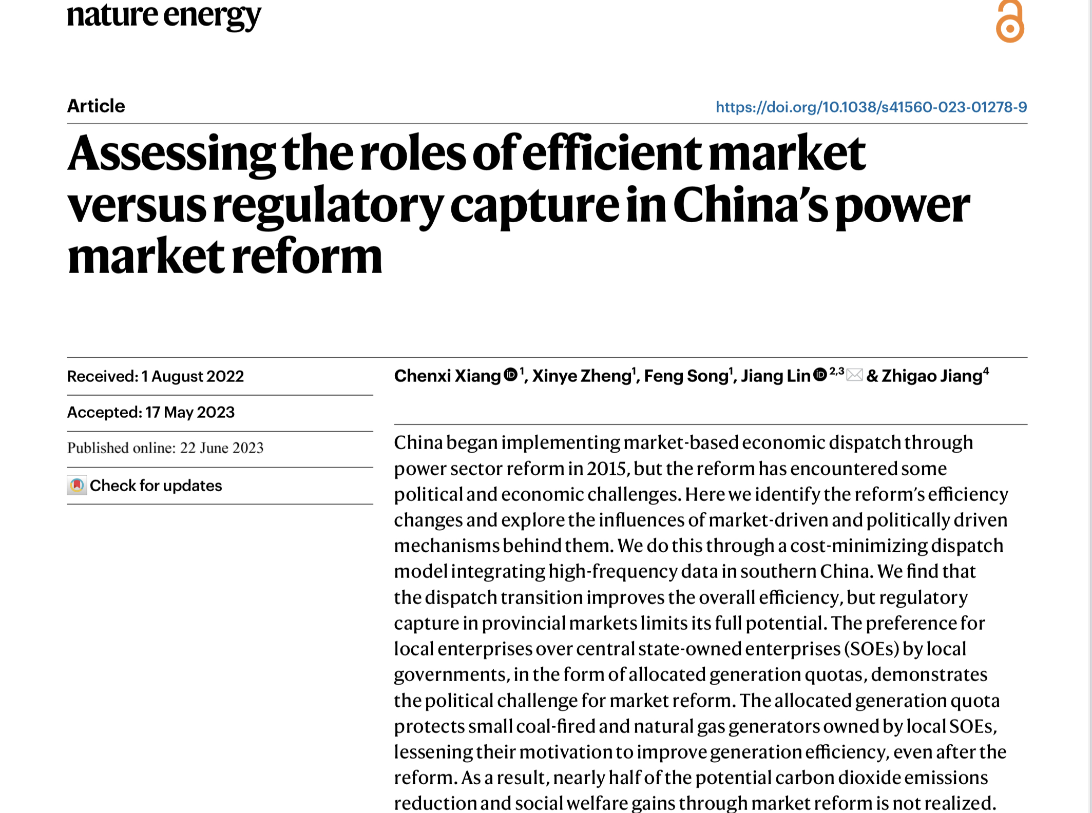 Dr. Xinye Zheng,Feng Song and Jiaying Chen Publish Paper in the Nature Energy